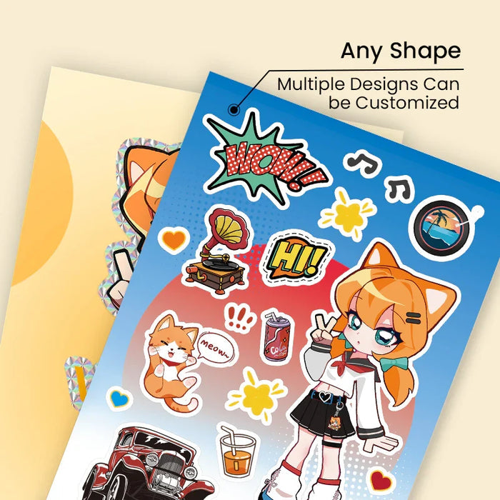 Custom kiss cut sticker sheets with cartoon girl, cat, retro car, and colorful designs