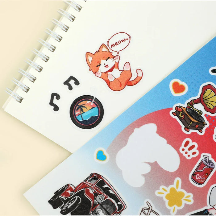 custom kiss cut sticker sheets featuring cartoon cat, car, gramophone, hearts, and music notes