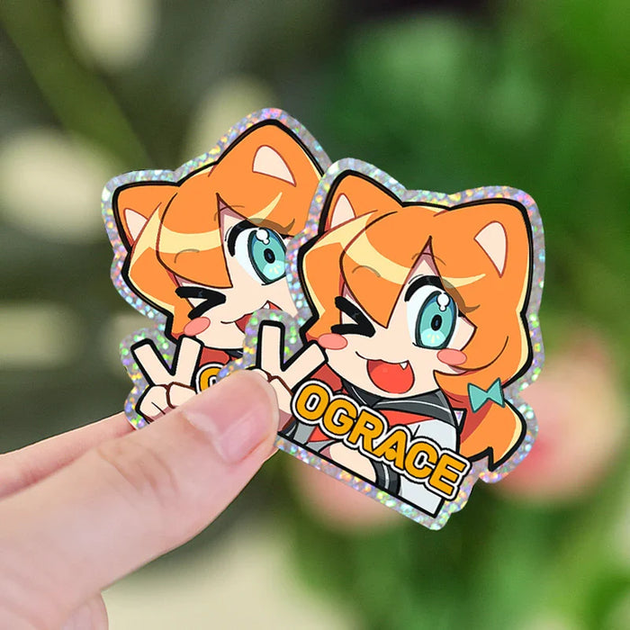 Custom holographic kiss cut stickers featuring anime cat girl character and peace sign