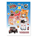 Custom anime girl, cat, and retro car kiss cut sticker sheet with colorful cartoon designs.