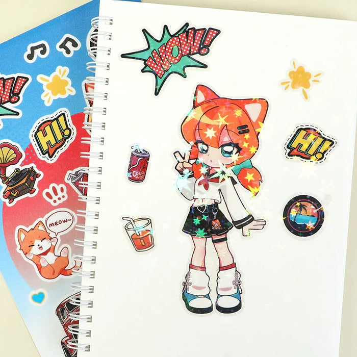Custom anime holographic kiss cut stickers featuring a cat girl, speech bubbles, soda, and icons