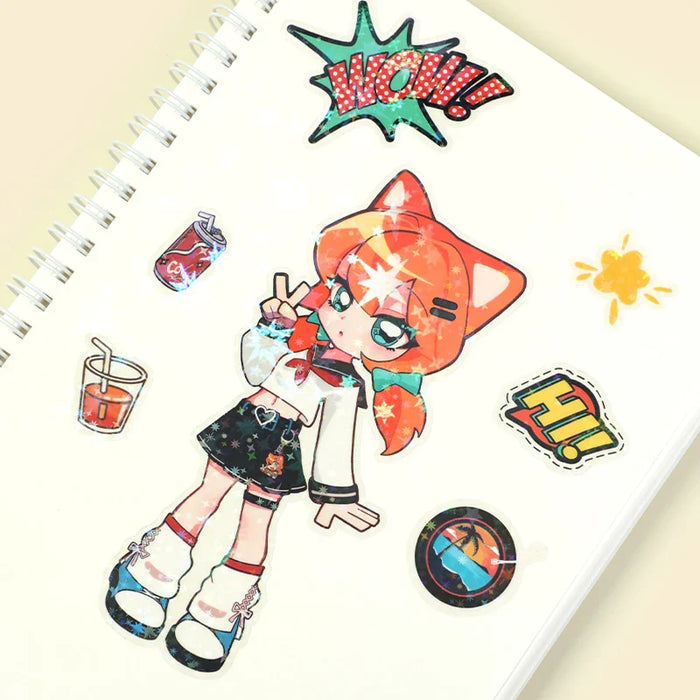 Custom kiss cut sticker sheet with anime girl, drinks, comic wow and hi, palm tree icons