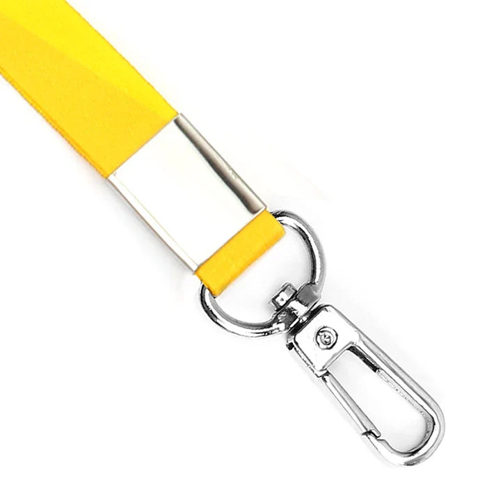 Yellow lanyard with silver rectangular swivel snap hook and metal clip for keychains