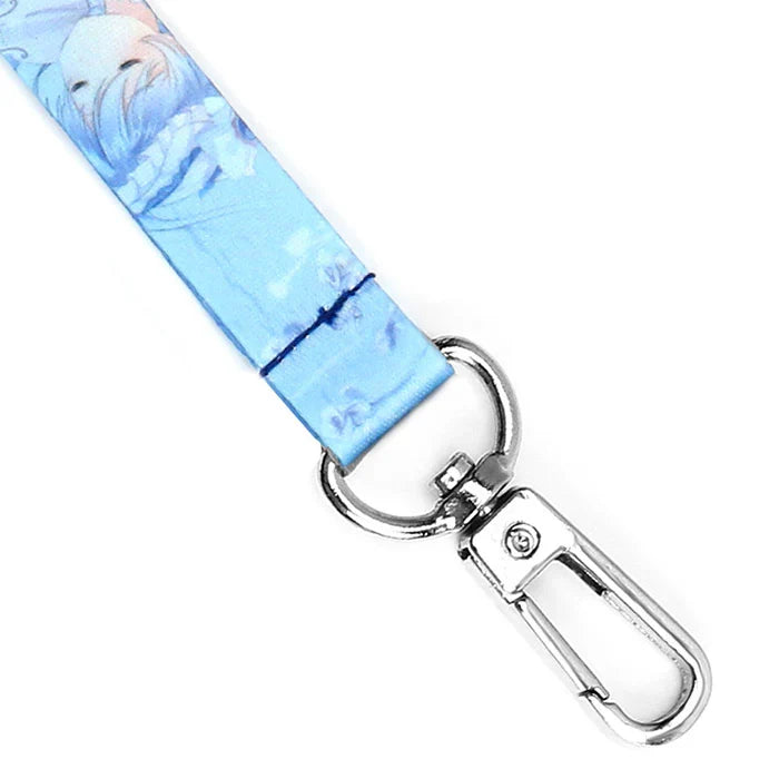Blue anime lanyard with silver swivel snap hook for keychain or badge holder