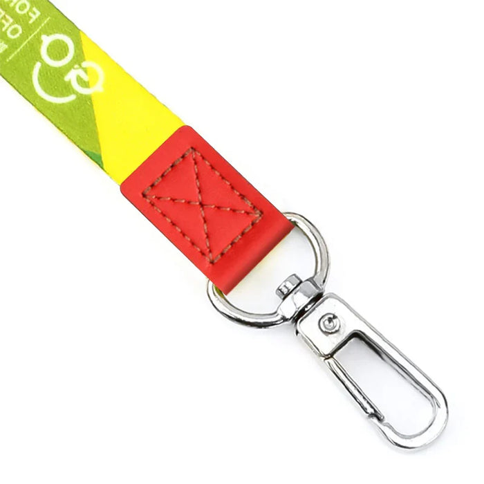 Swivel snap hook keychain with red leather buckle detail and yellow printed strap.