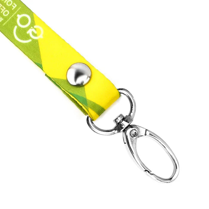 Yellow lanyard with silver oval rotating snap hook and rivet for keychains or badges