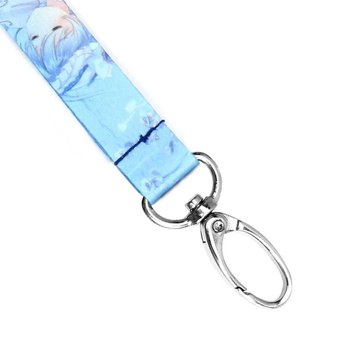 Blue anime lanyard with silver rotating snap hook clasp for keychains or badges