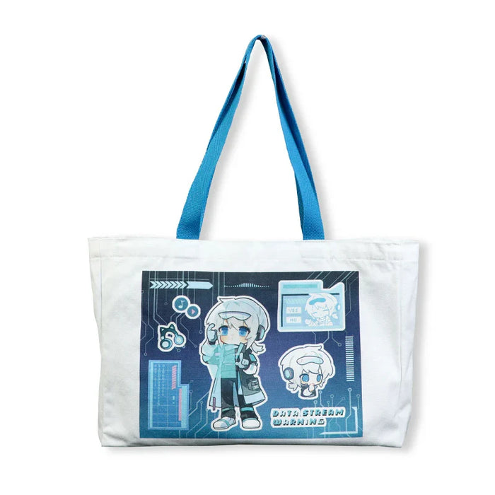 Anime-style tote bag with chibi character, circuit design, and 'Data Stream Warning' text, ideal for fans and conventions.