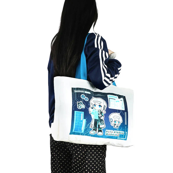 Anime-style tote bag with chibi character, tech graphics, and 'Data Stream Ukraine' text, perfect for fans and conventions.