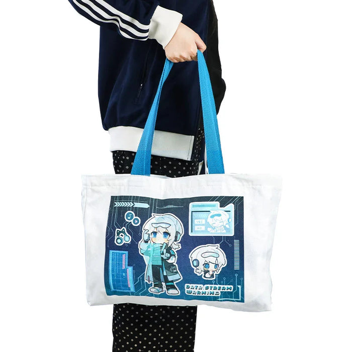 Anime-style tote bag with blue straps, featuring chibi character and 'Data Stream Warning' design, perfect for fans and cosplay.