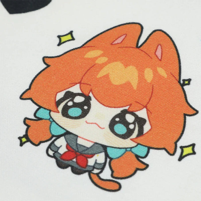 Cute chibi anime character with orange hair and cat ears on fabric, perfect for custom keychains or acrylic charms