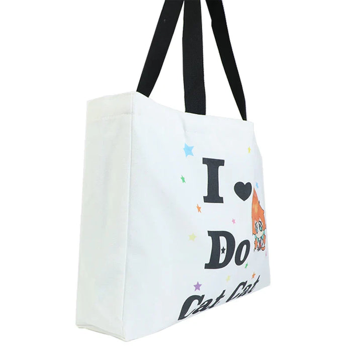White tote bag with 'I ❤️ Do Cat Cat' text, colorful stars, and anime cat character, ideal for anime merch fans.