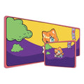 Custom anime mouse pad featuring orange-haired cartoon cat, green clouds, purple and yellow background.