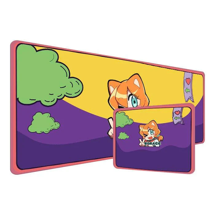 Custom anime mouse pad featuring orange-haired cartoon cat, green clouds, purple and yellow background.
