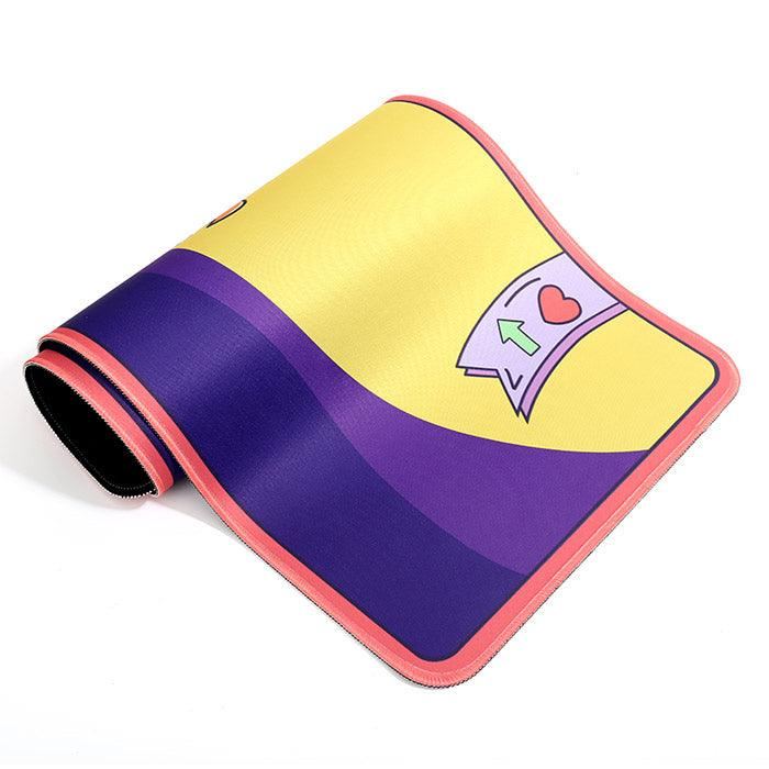 Custom large mouse pad with yellow and purple design, red border, and heart note graphic