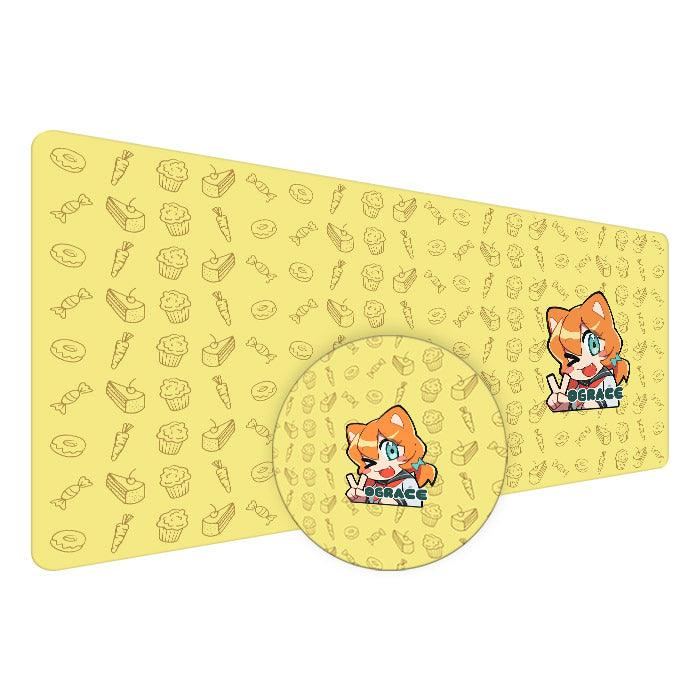 Large custom mouse pad with yellow background, cartoon fox, dessert pattern, and anime style art