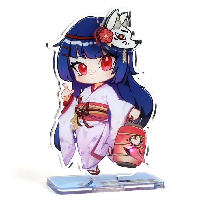 Custom light up acrylic standee of anime girl in kimono with blue hair and fox mask