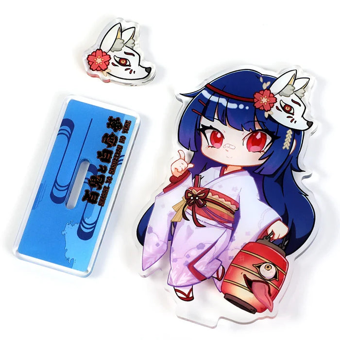 Custom acrylic standee featuring chibi anime girl in kimono with mask and lantern.