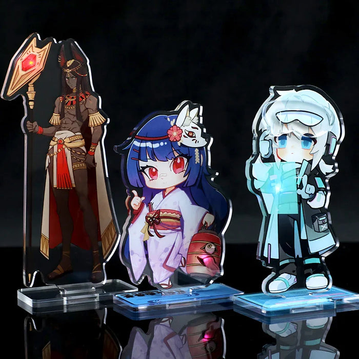 Custom light up acrylic anime standees featuring colorful cartoon characters on clear bases
