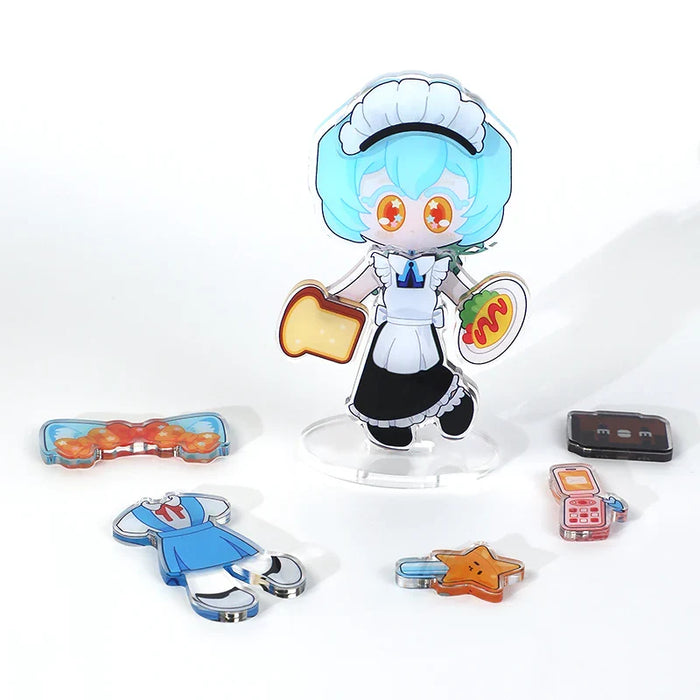 Custom acrylic magnetic dress-up standee with blue-haired maid character and various accessories