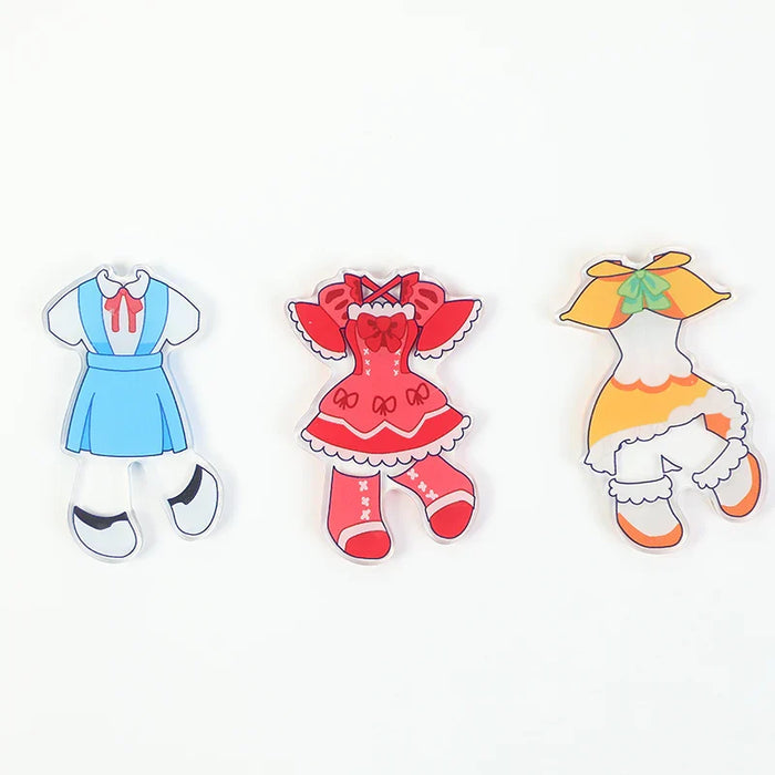 Custom magnetic dress-up acrylic standees with colorful outfits on white background