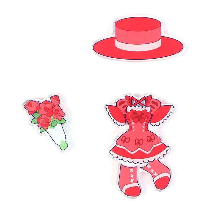 Custom magnetic acrylic standee set with red dress, hat, and flower bouquet accessories