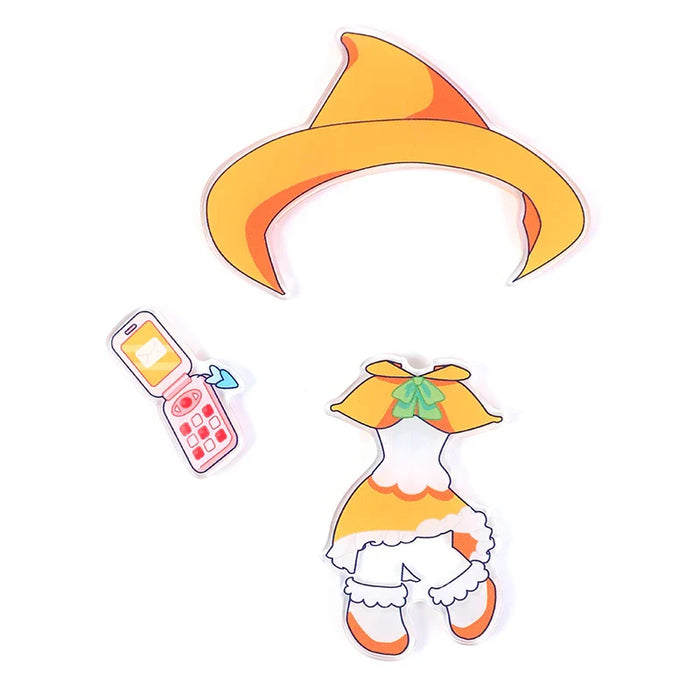Custom magnetic acrylic standee pieces with a yellow witch hat, dress, and pink phone accessory