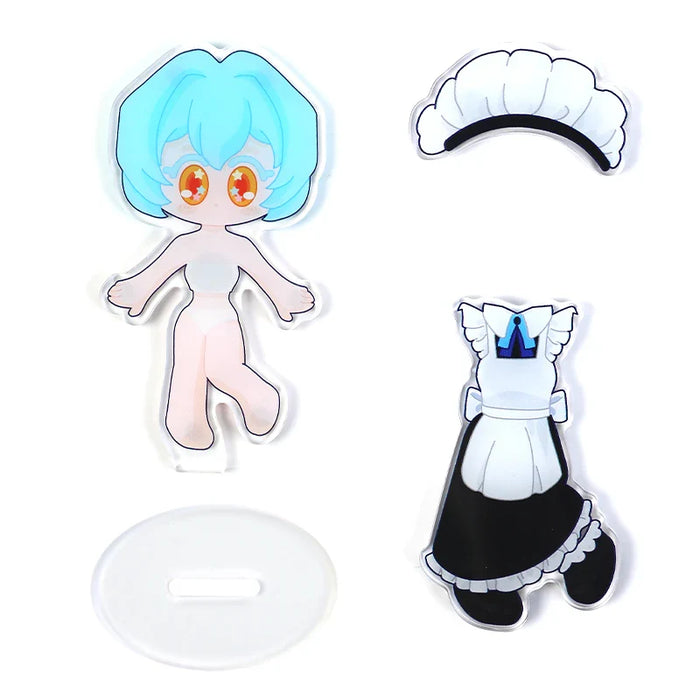 Custom magnetic acrylic dress-up standee with blue-haired anime character and maid outfit