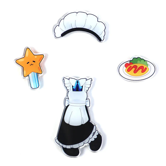 Custom acrylic standee set with maid outfit, hat, star wand, and food charm pieces.