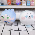 Two round custom manjuu plush toys with anime-style faces on a checkered table.