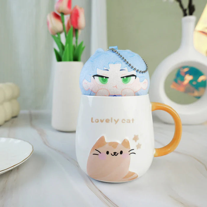 Custom anime plush keychain with blue hair in cat mug on marble table, cute decor