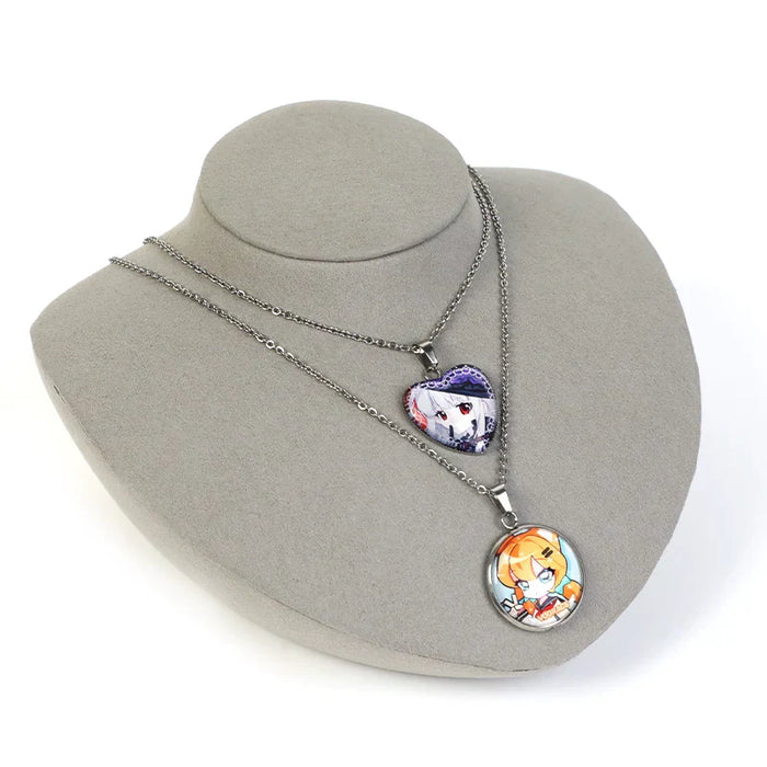 Anime character necklaces with heart and round pendants on display stand