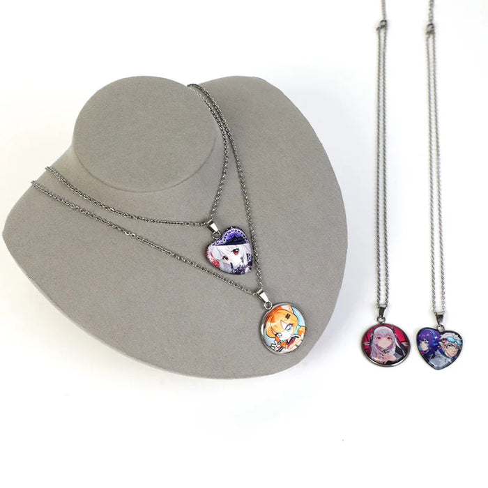 Anime character necklaces with heart and round pendants, perfect for fans and collectors