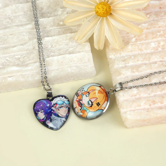 Anime character necklaces with heart and round pendants, featuring colorful designs and chains