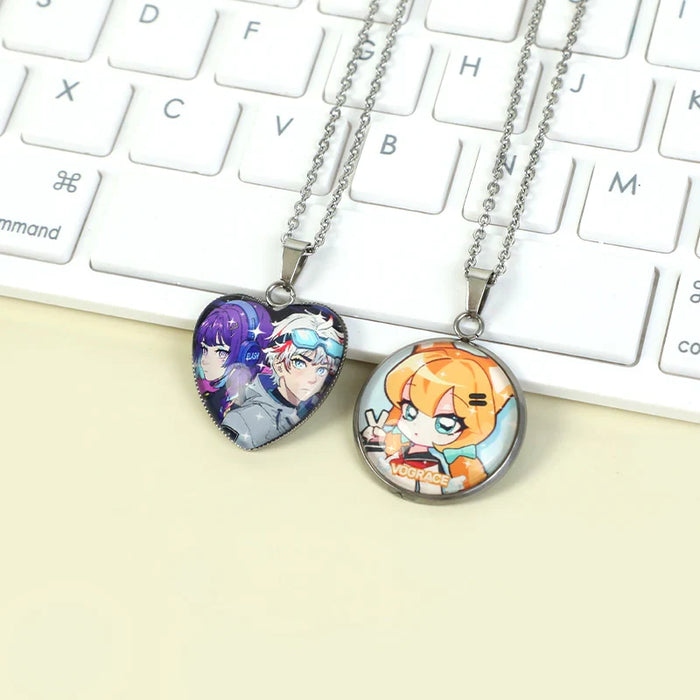 Anime character necklaces with heart and round pendants on keyboard background