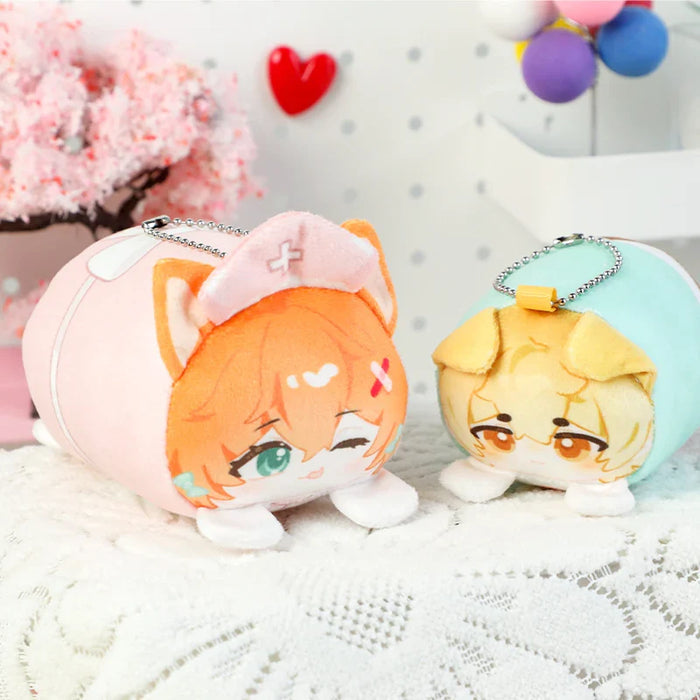 Cute anime plush keychains with cat ears, perfect for fans of anime merch and collectibles.