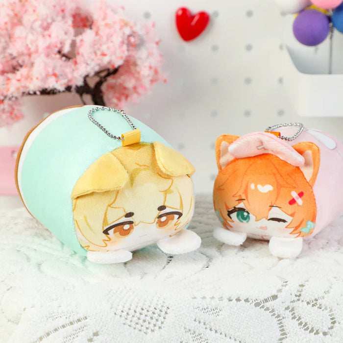 Cute anime-style plush keychains with character faces, soft fabric, and chain attachments for bags or backpacks.