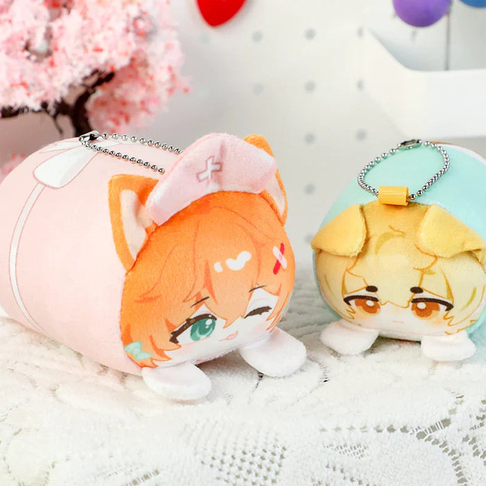 Cute anime plush keychains with cat ears and nurse hats, soft and colorful collectible charms