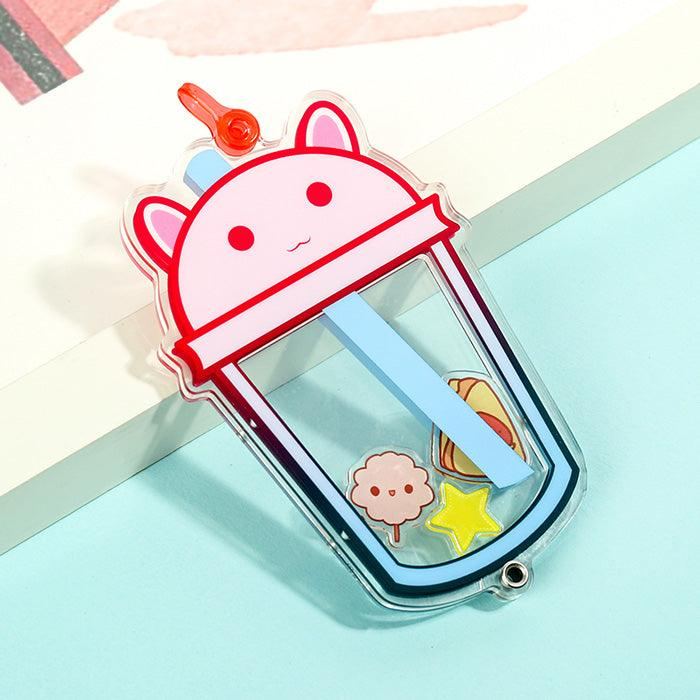 Cute acrylic shaker keychain shaped like a drink cup with cat ears and colorful charms inside