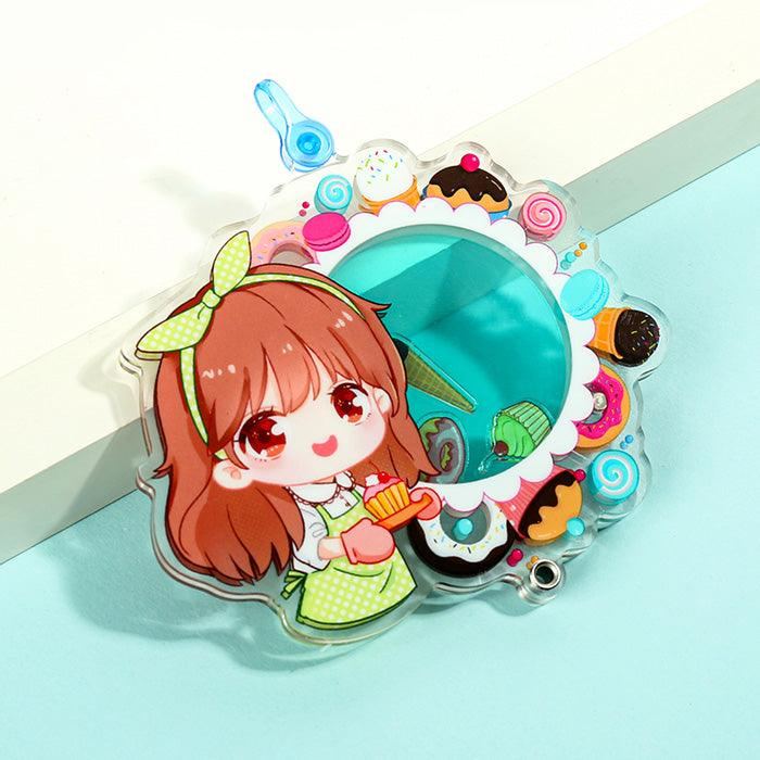 Custom acrylic shaker keychain featuring a cute anime girl and colorful dessert charms