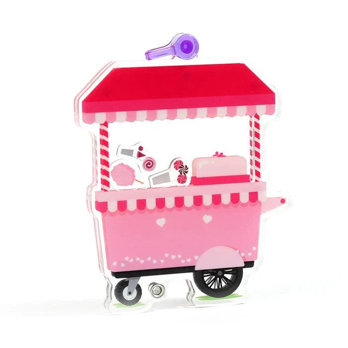 Custom openable acrylic shaker keychain shaped like a pink sweet cart with candy charms inside.