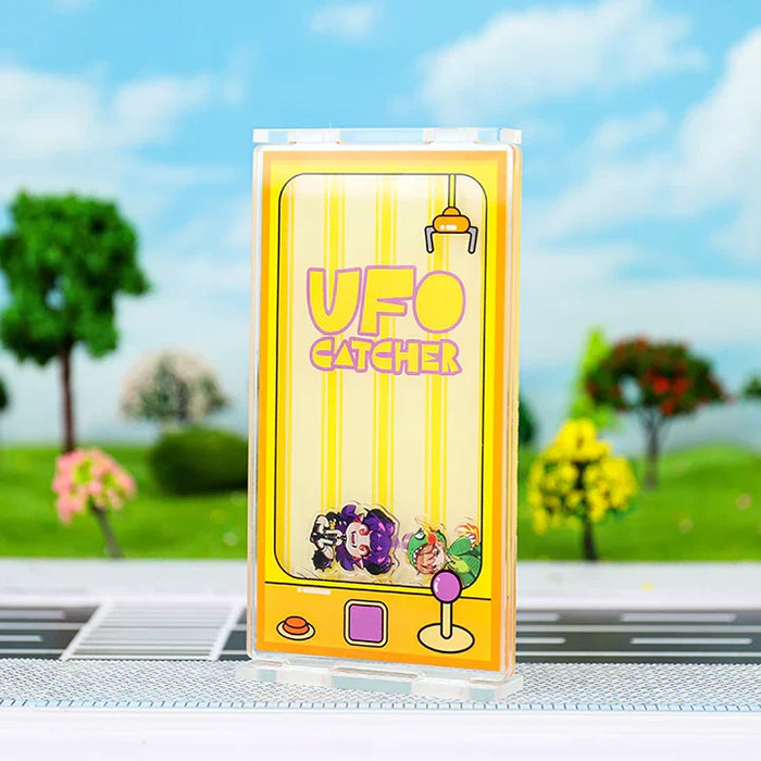 Custom acrylic UFO catcher shaker standee with animated characters, outdoor background