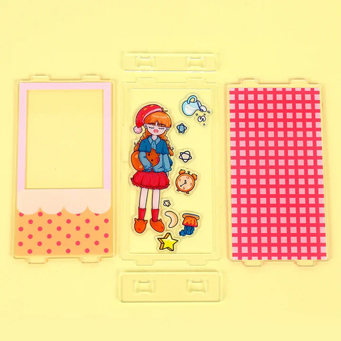 Custom acrylic standee kit with anime girl, accessories, and decorative panels