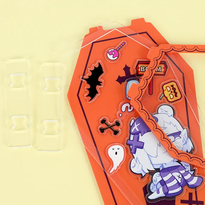 Custom acrylic Halloween shaker standee with bat, ghost, and pumpkin designs on orange base