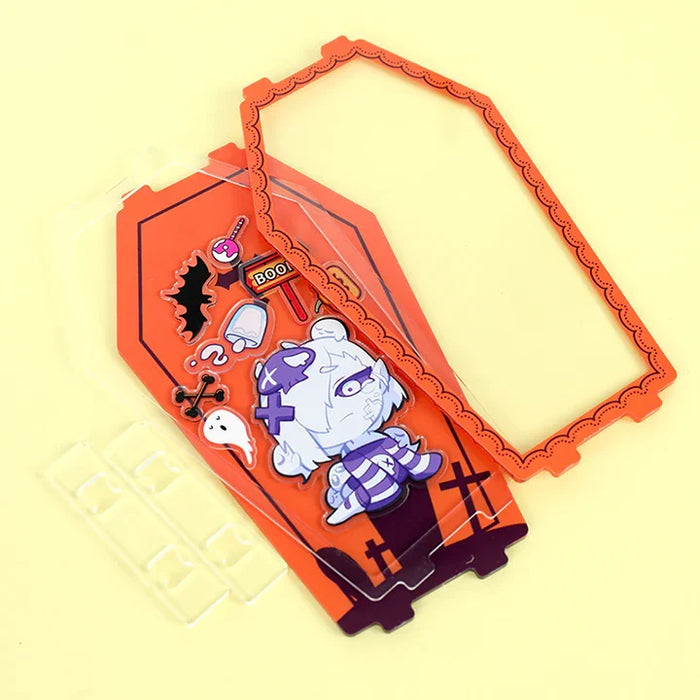 Custom openable coffin-shaped acrylic shaker standee with cute Halloween elements