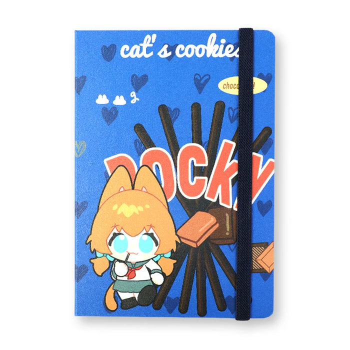 Custom blue PVC leatherette notebook with anime cat character, chocolate snack art, elastic band