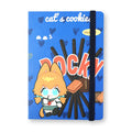 Custom blue PVC leatherette notebook with anime cat character, chocolate snack art, elastic band