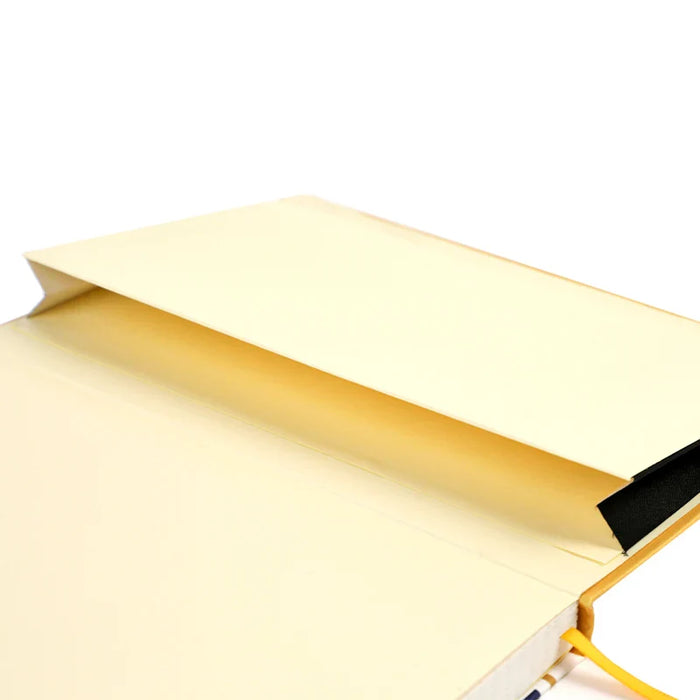 Yellow PVC leatherette notebook with inner pocket and attached bookmark