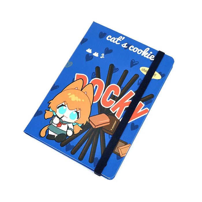 Custom blue PVC leatherette notebook with cute anime cat character, chocolate biscuit design, and elastic band.