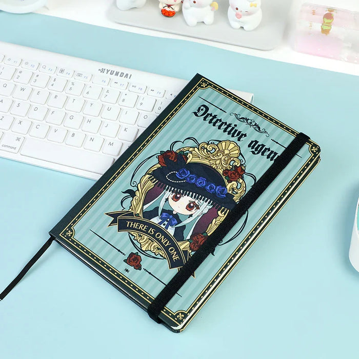 Custom anime detective themed PVC leatherette notebook with elastic band on desk